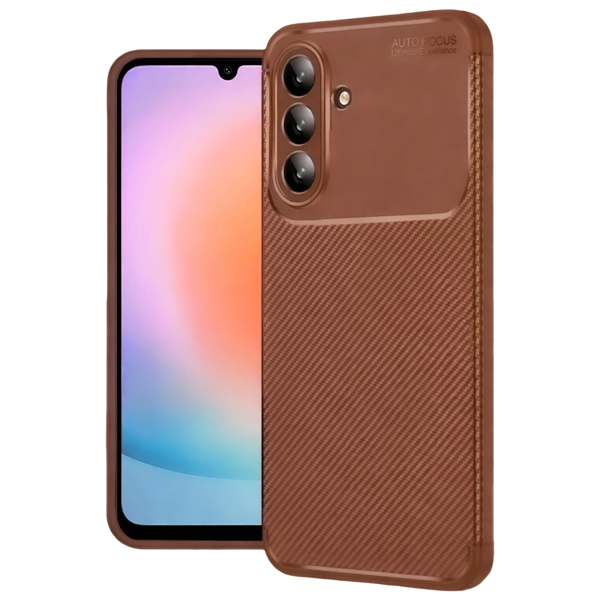 Karbon desenli ve üçlü kamera düzenli kahverengi telefon kılıfı.