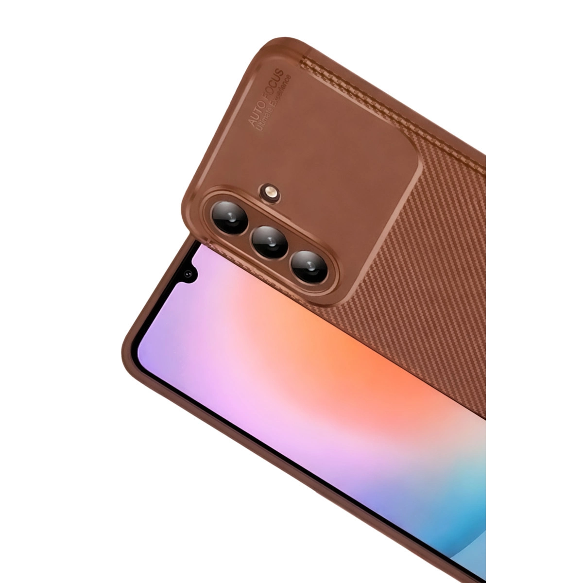 Üç kameralı, degrade ekranlı kahverengi telefon.