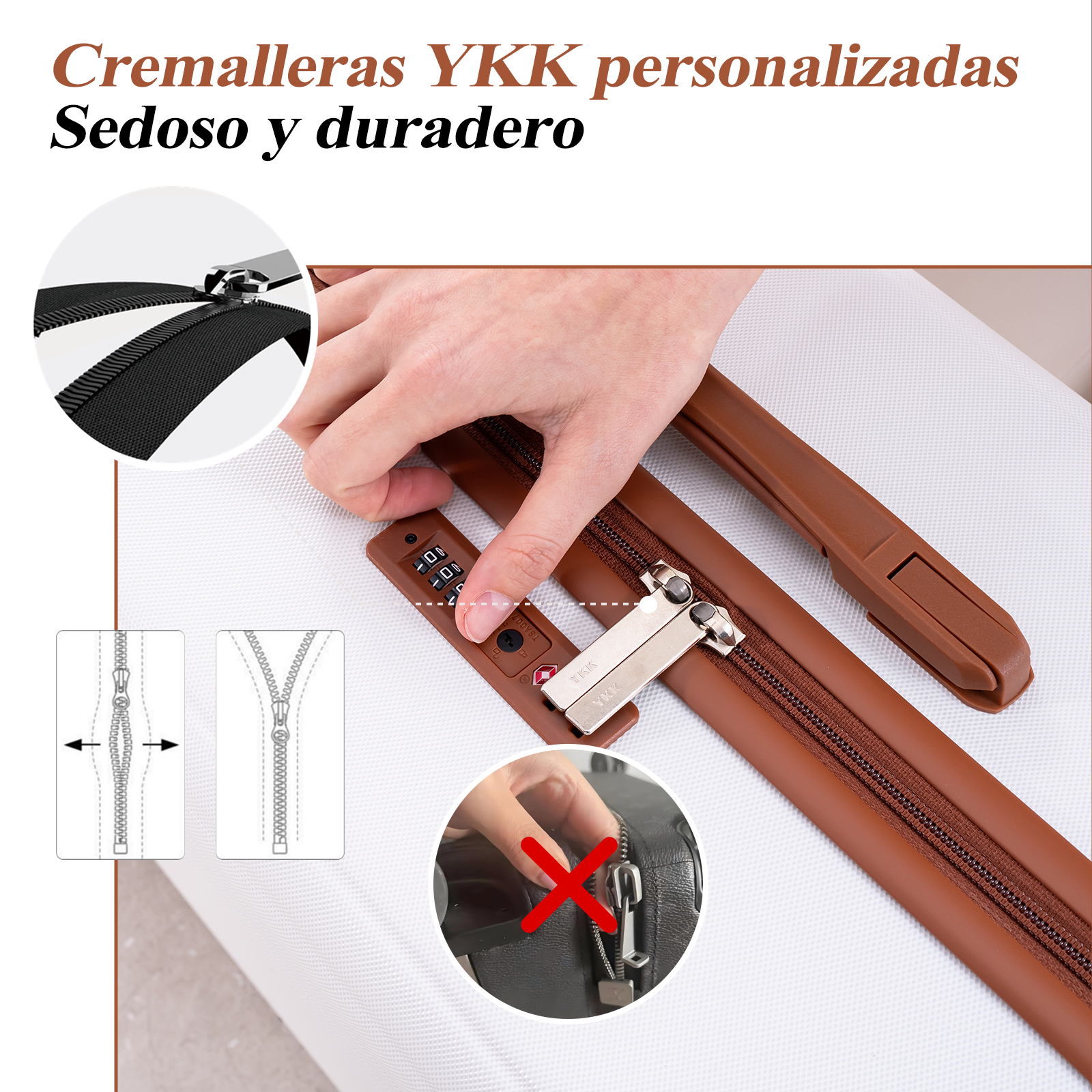 Primer plano de una maleta con cremallera YKK y candado de combinación.