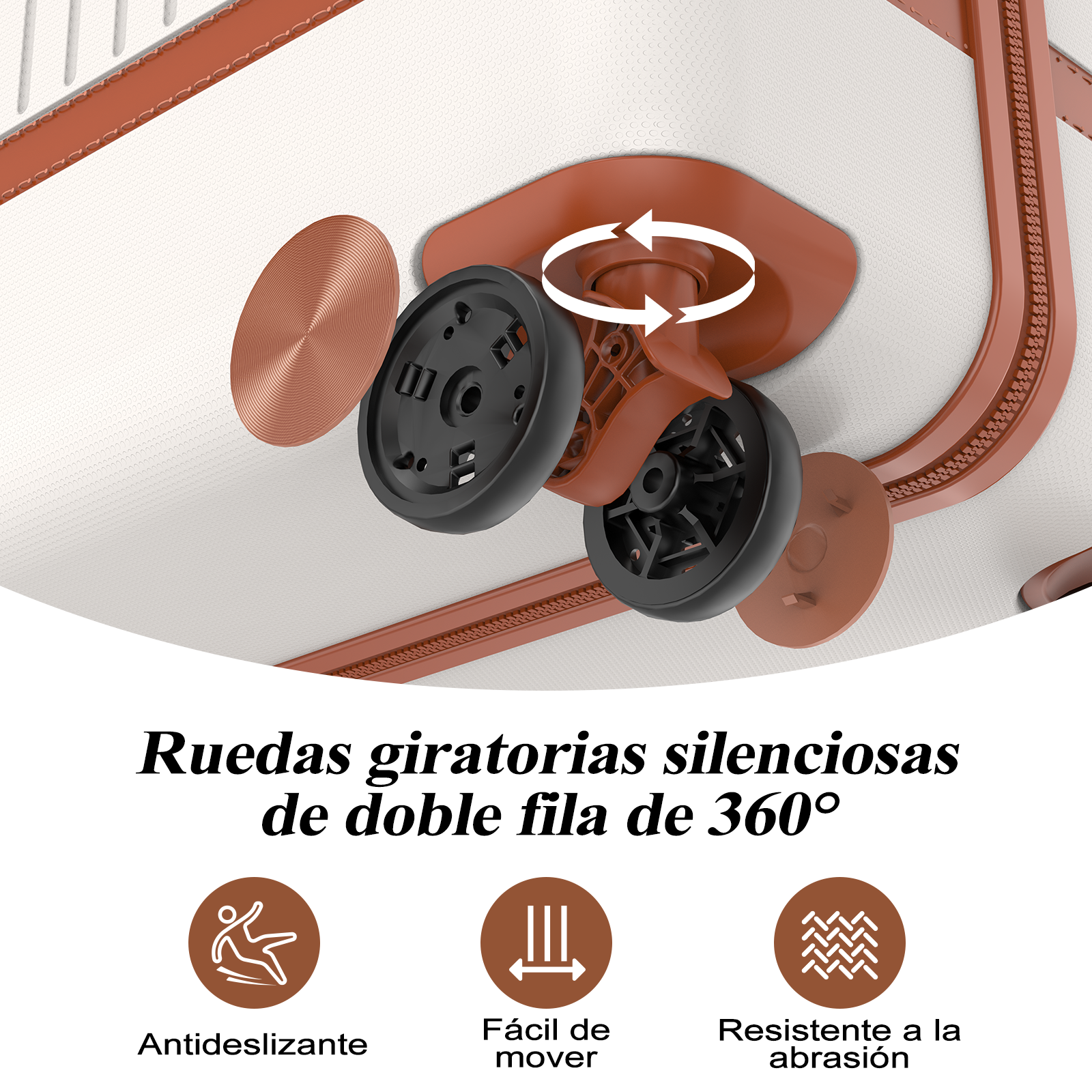 Primer plano de ruedas de maleta con giro 360°, antideslizante, fácil de mover.