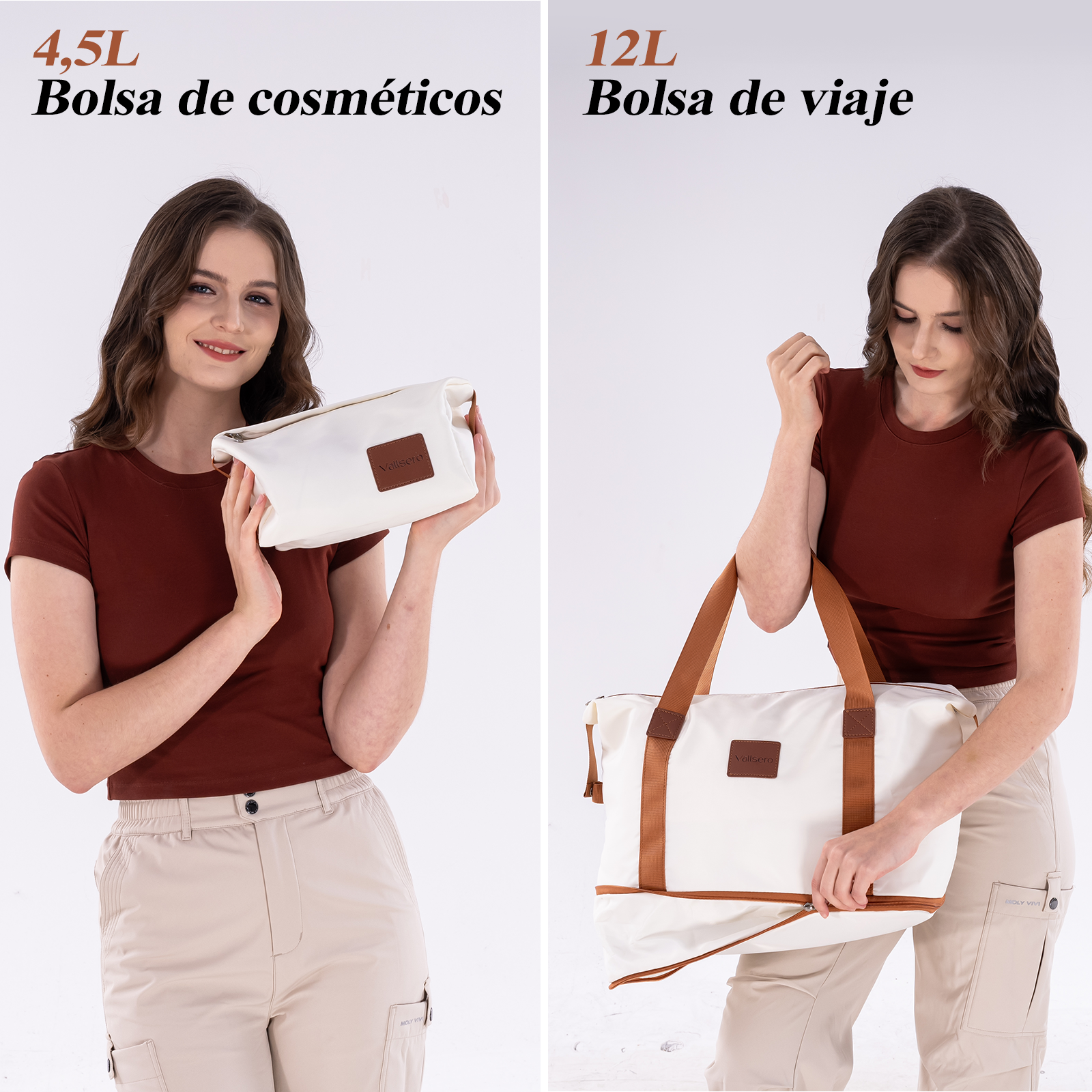 Una mujer sostiene una bolsa de cosméticos blanca y una bolsa de viaje blanca.
