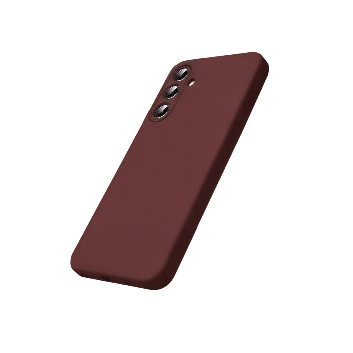 Arkada üç kamera lensi ve flaşlı koyu kırmızı telefon kılıfı.