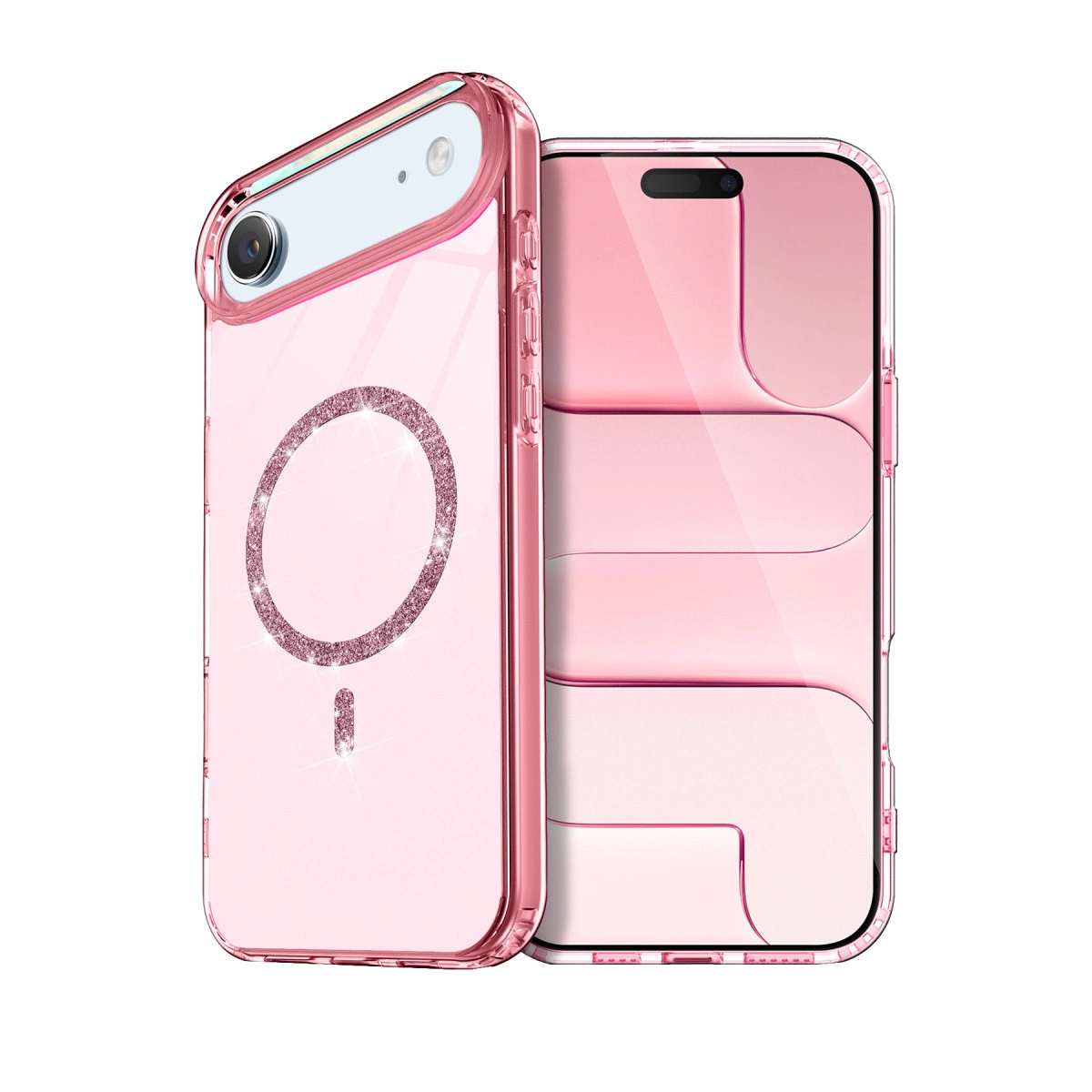 Solda MagSafe halkalı, ışıltılı pembe iPhone kılıfı.