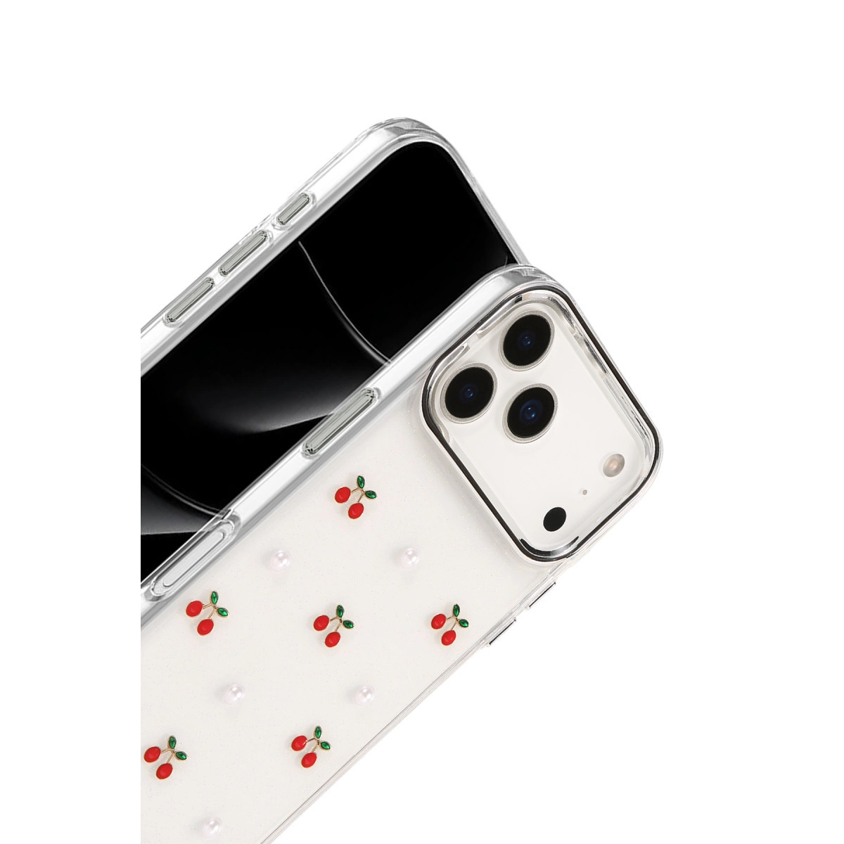 Beyaz arka plan üzerinde kiraz ve inci desenli şeffaf iPhone kılıfı.