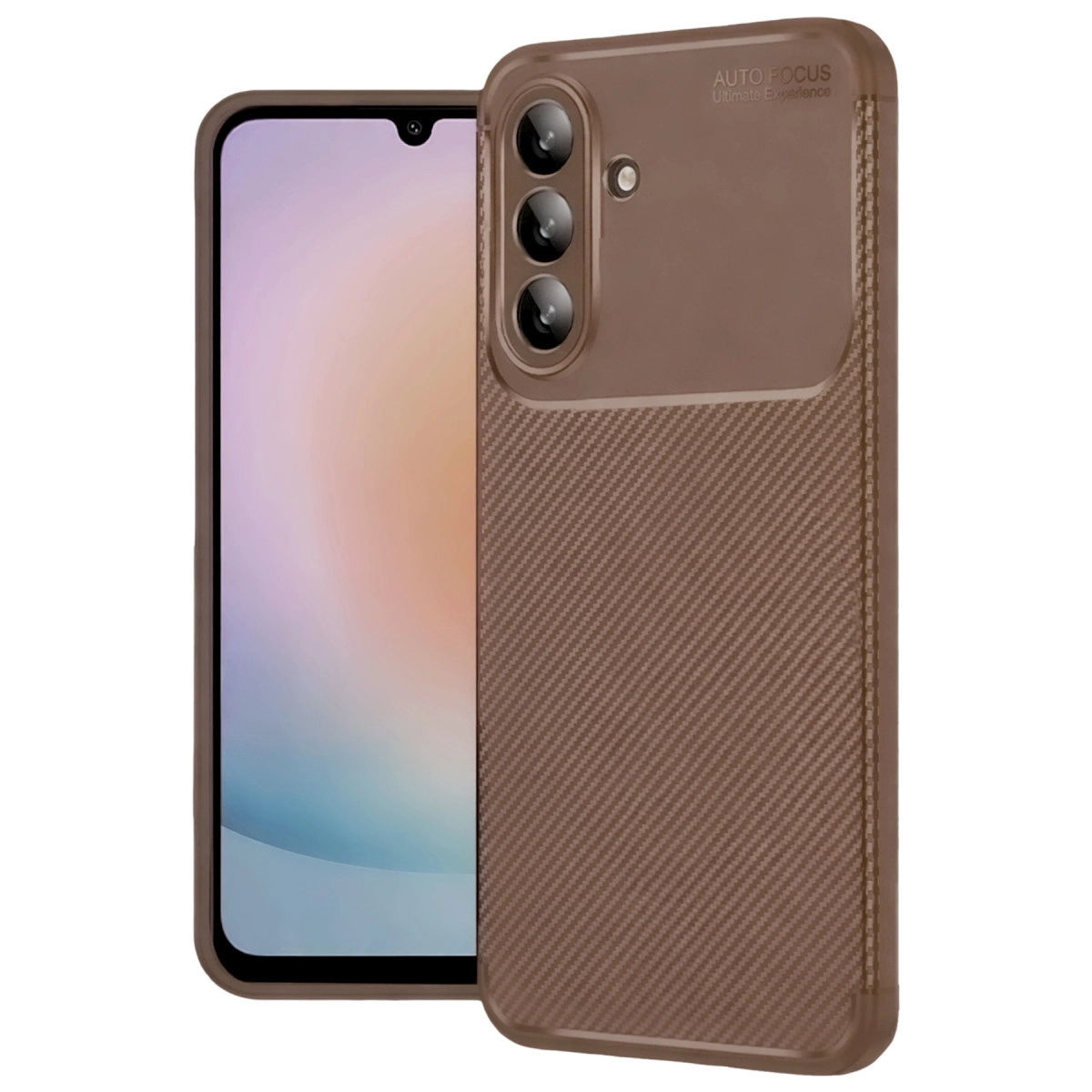 Karbon desenli, üç kameralı kahverengi telefon kılıfı.