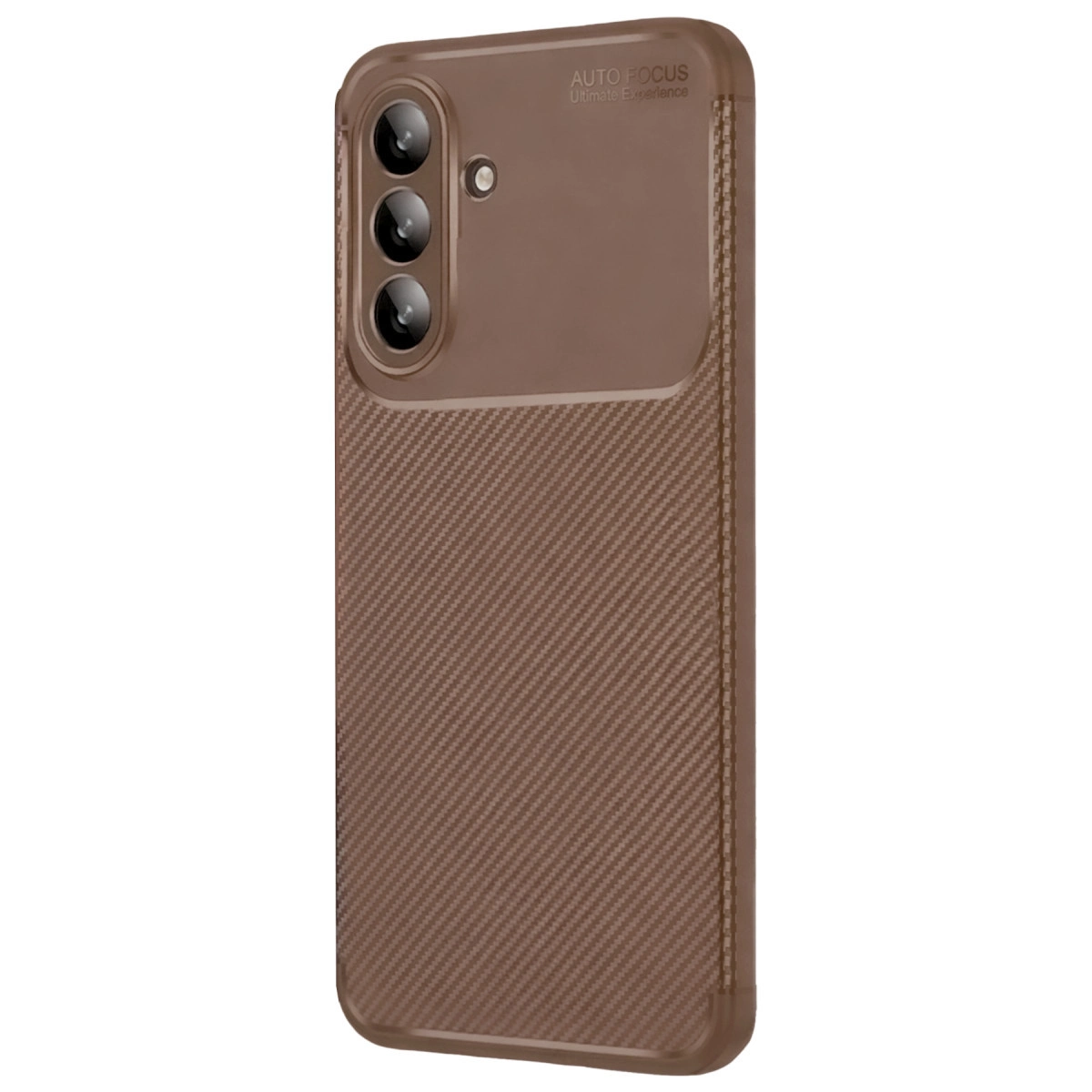 Karbon fiber dokulu, üç kameralı kahverengi telefon kılıfı.