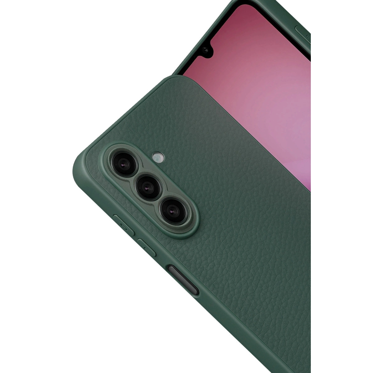 Üç kameralı, pembe ekranlı koyu yeşil telefon kılıfı.