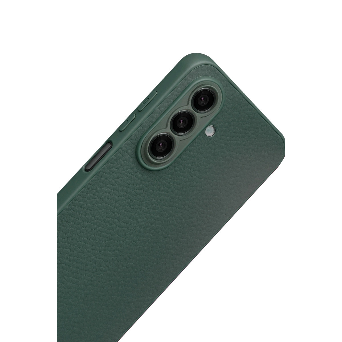 Üç kameralı, dokulu yeşil telefon kılıfı.