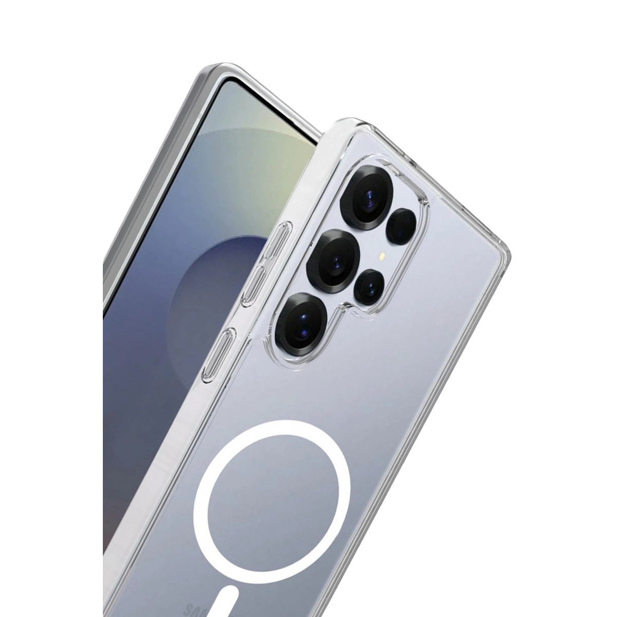 Kameralı ve beyaz halka logolu şeffaf telefon kılıfı.