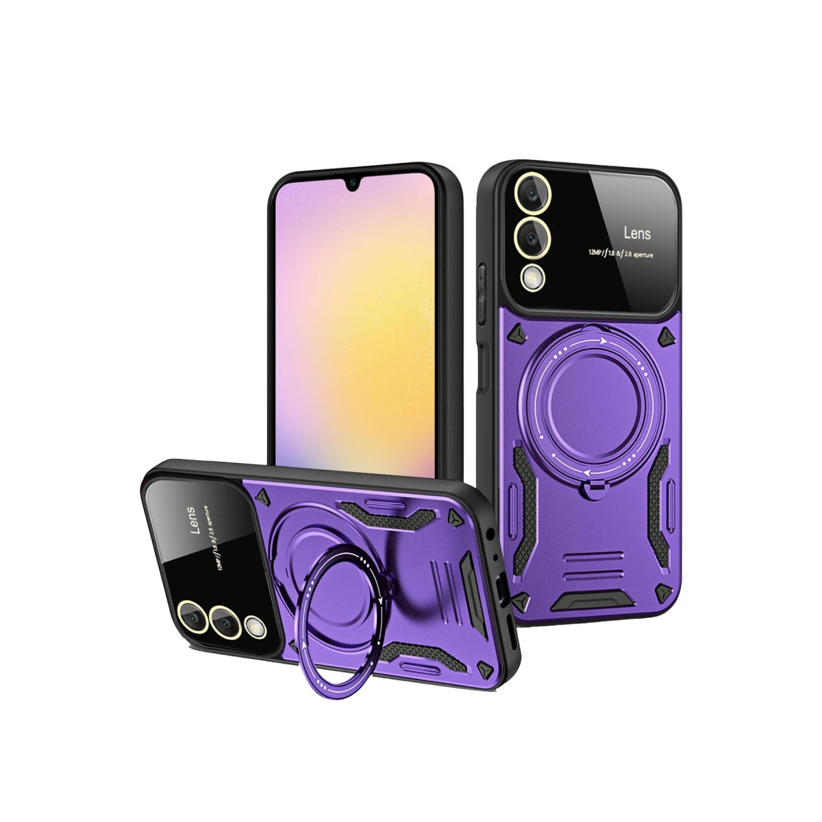 Halka tutuculu ve lens tasarımlı mor telefon kılıfı.