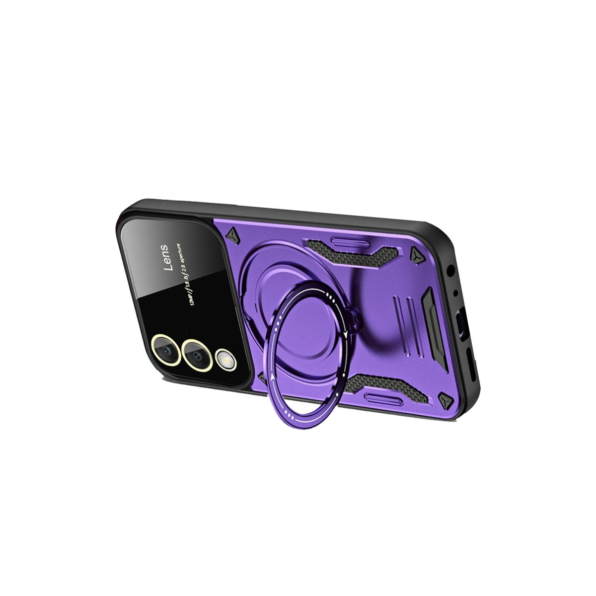 Halka tutuculu ve lens kapaklı mor telefon kılıfı.