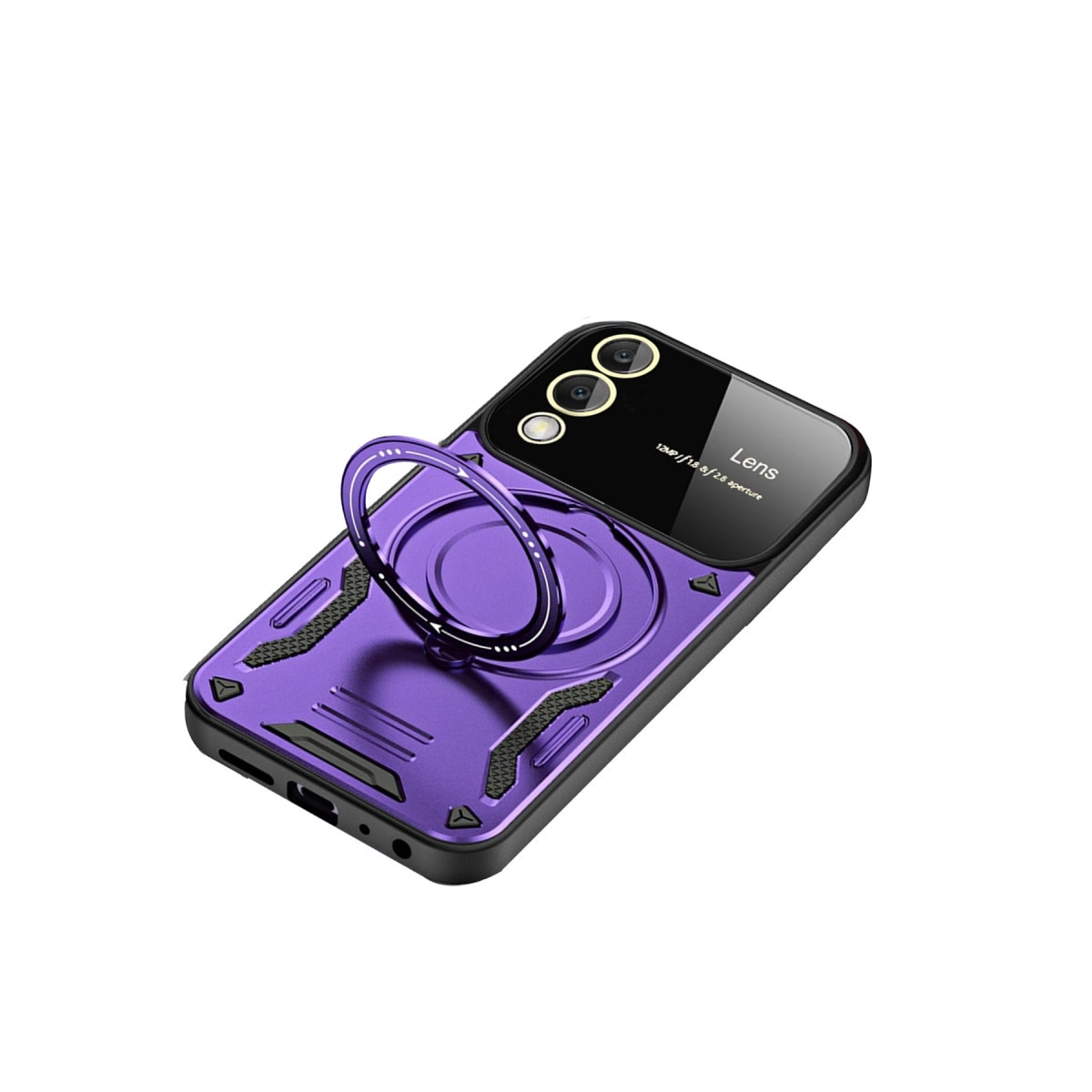 Halka tutuculu ve üç kamera lensli mor telefon kılıfı.