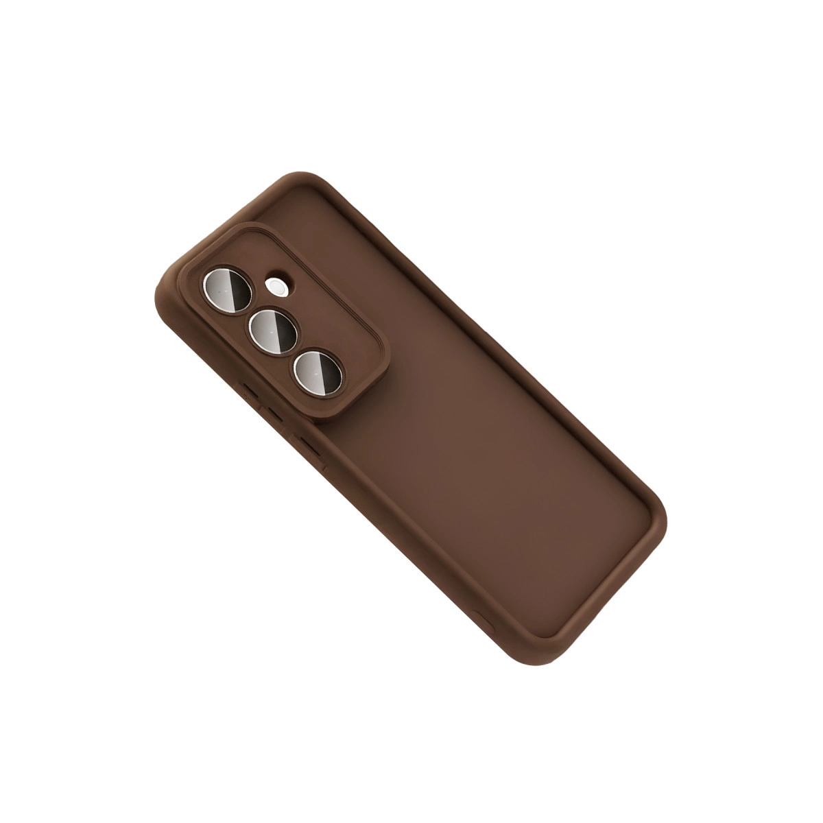 Üç kamera lensi ve flaşlı kahverengi telefon kılıfı.