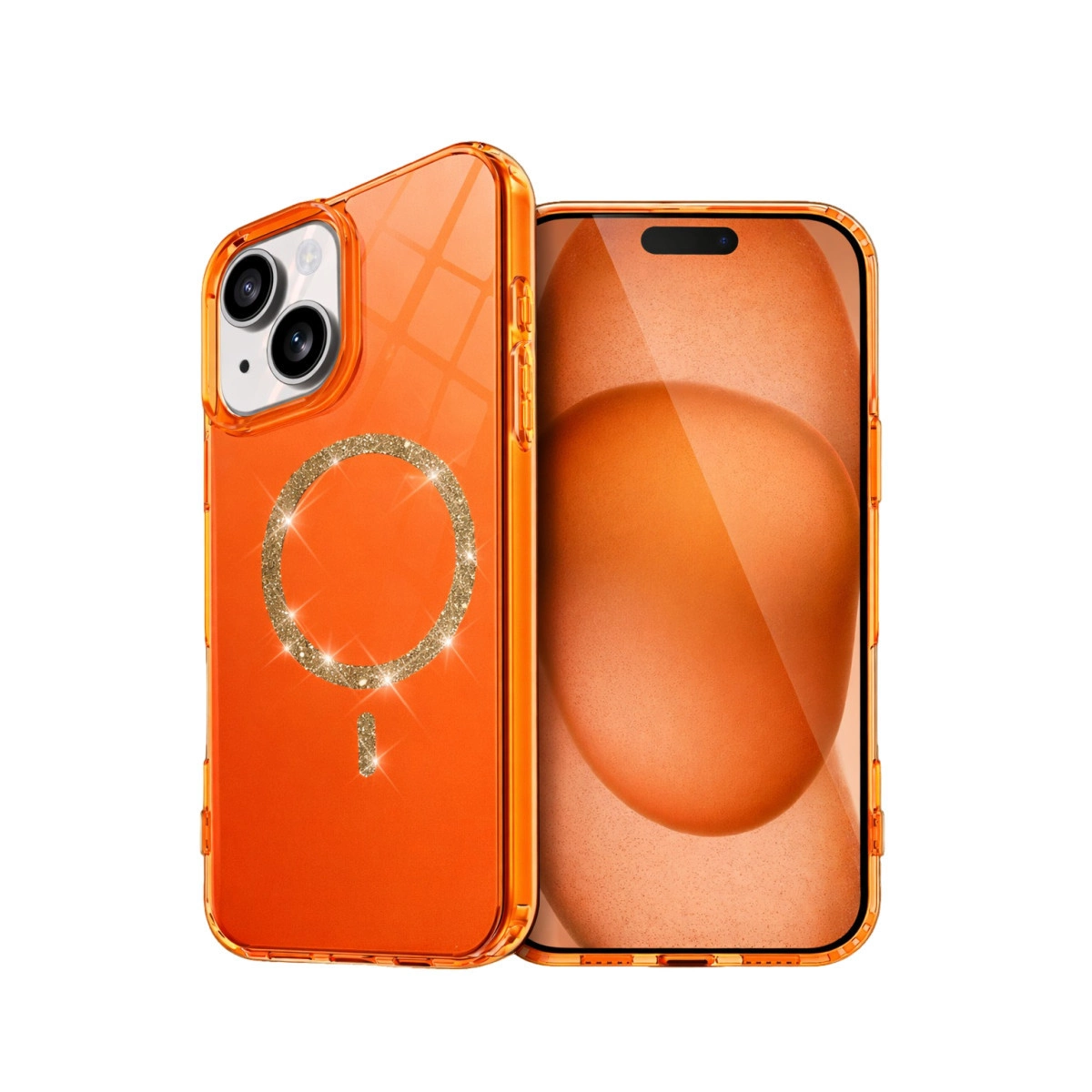Simli halkalı turuncu iPhone kılıfı ve yanında bir iPhone.