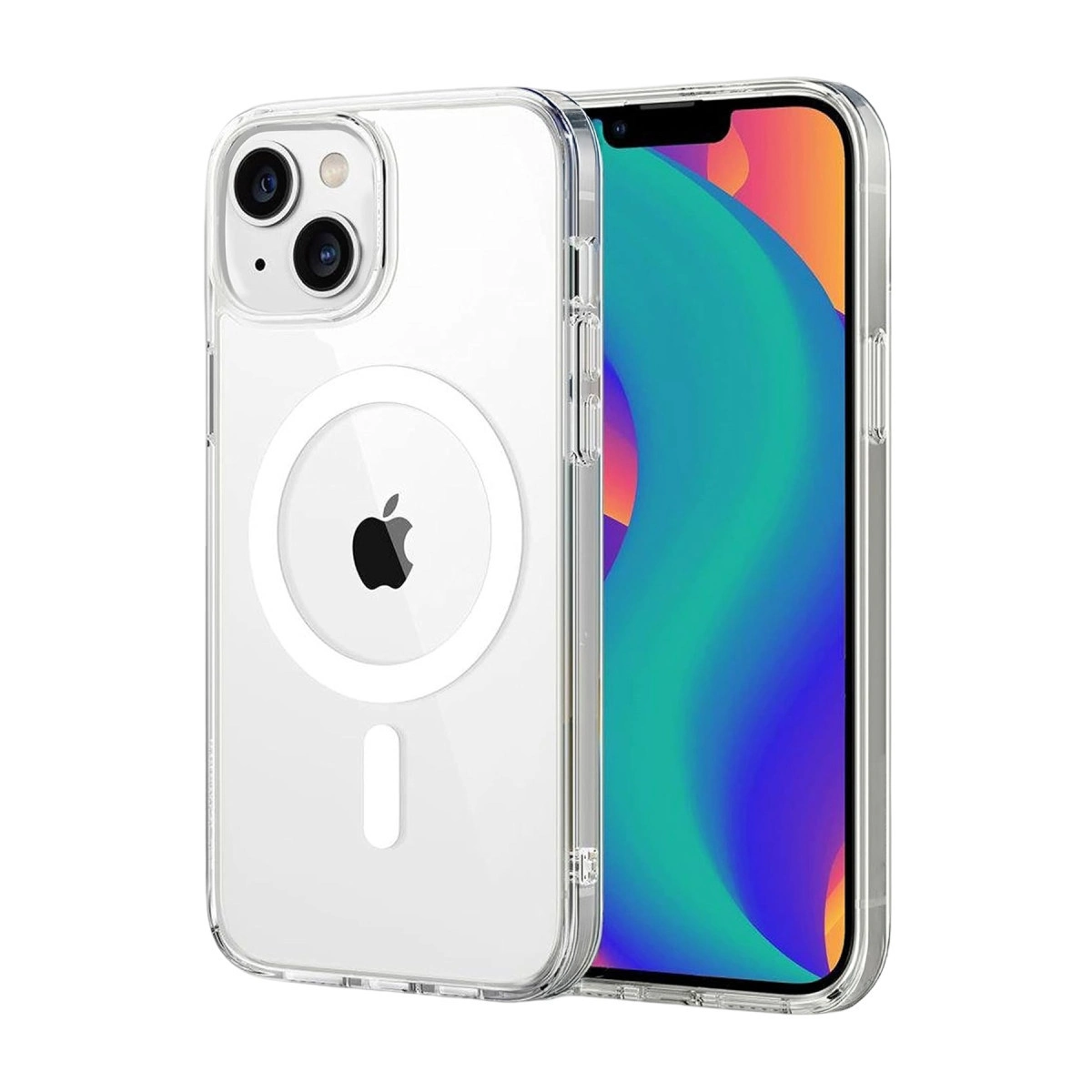 Renkli ekranlı iPhone'da şeffaf MagSafe kılıf.