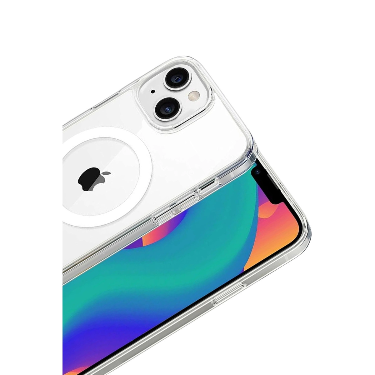 Apple logosu ve beyaz manyetik şarj cihazı olan şeffaf iPhone kılıfı.