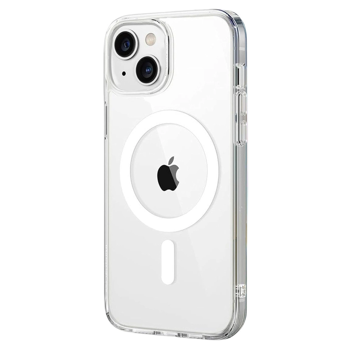Apple logosu ve manyetik halka içeren şeffaf telefon kılıfı.