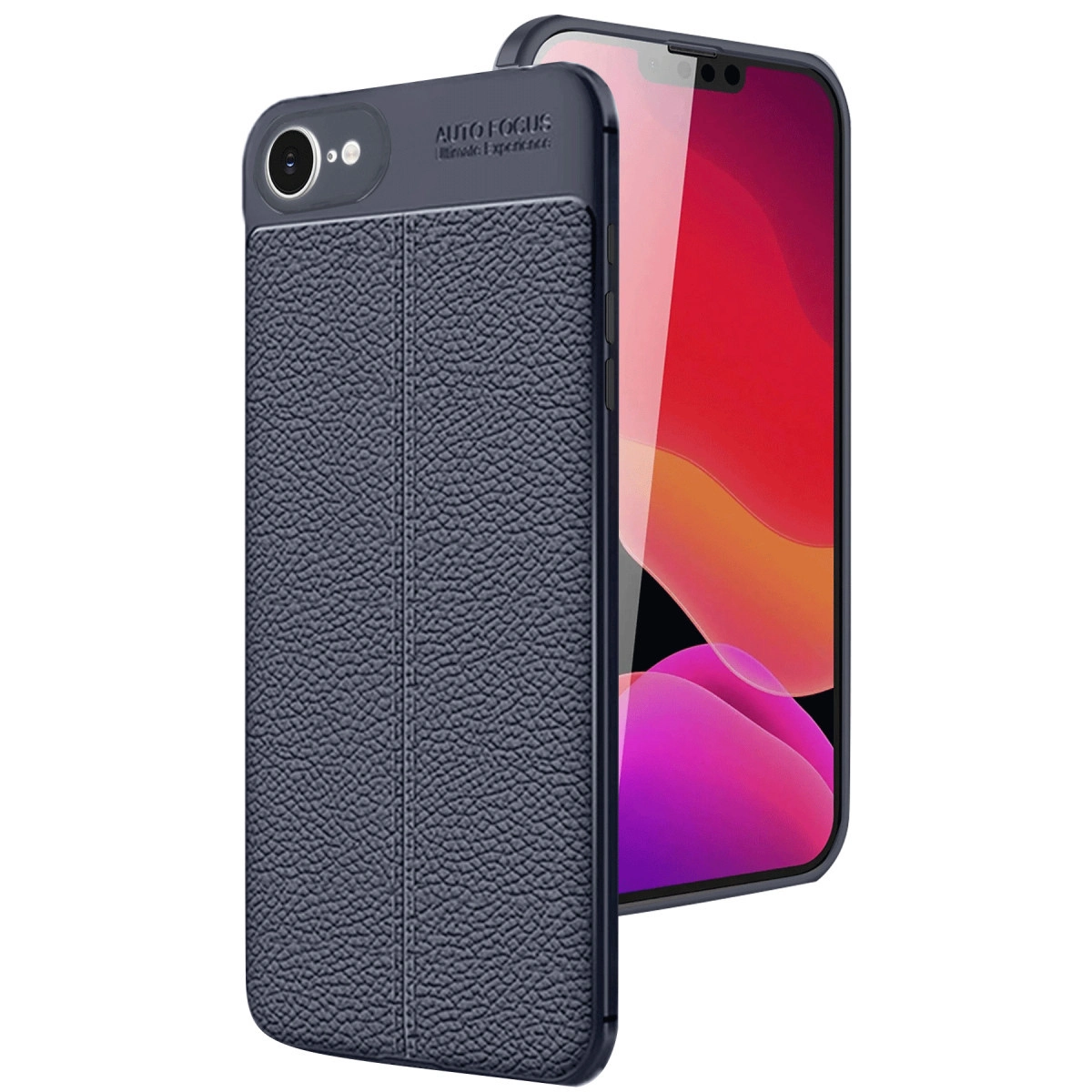 Koyu mavi dokulu telefon kılıfı, kırmızı arka planlı bir akıllı telefonun yanında.