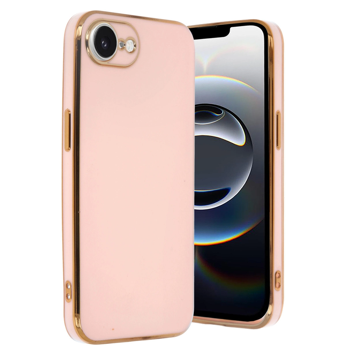Altın vurgulu açık pembe telefon kılıfı, bir akıllı telefonun yanında.