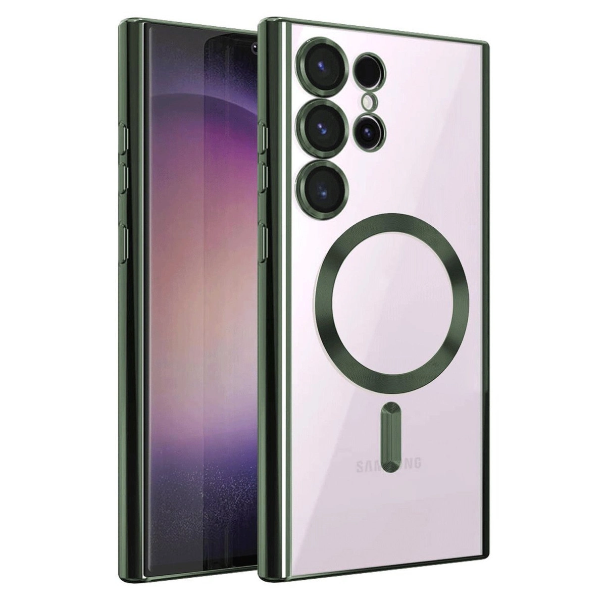 Arkada kameralı ve manyetik halkalı şeffaf telefon kılıfı.