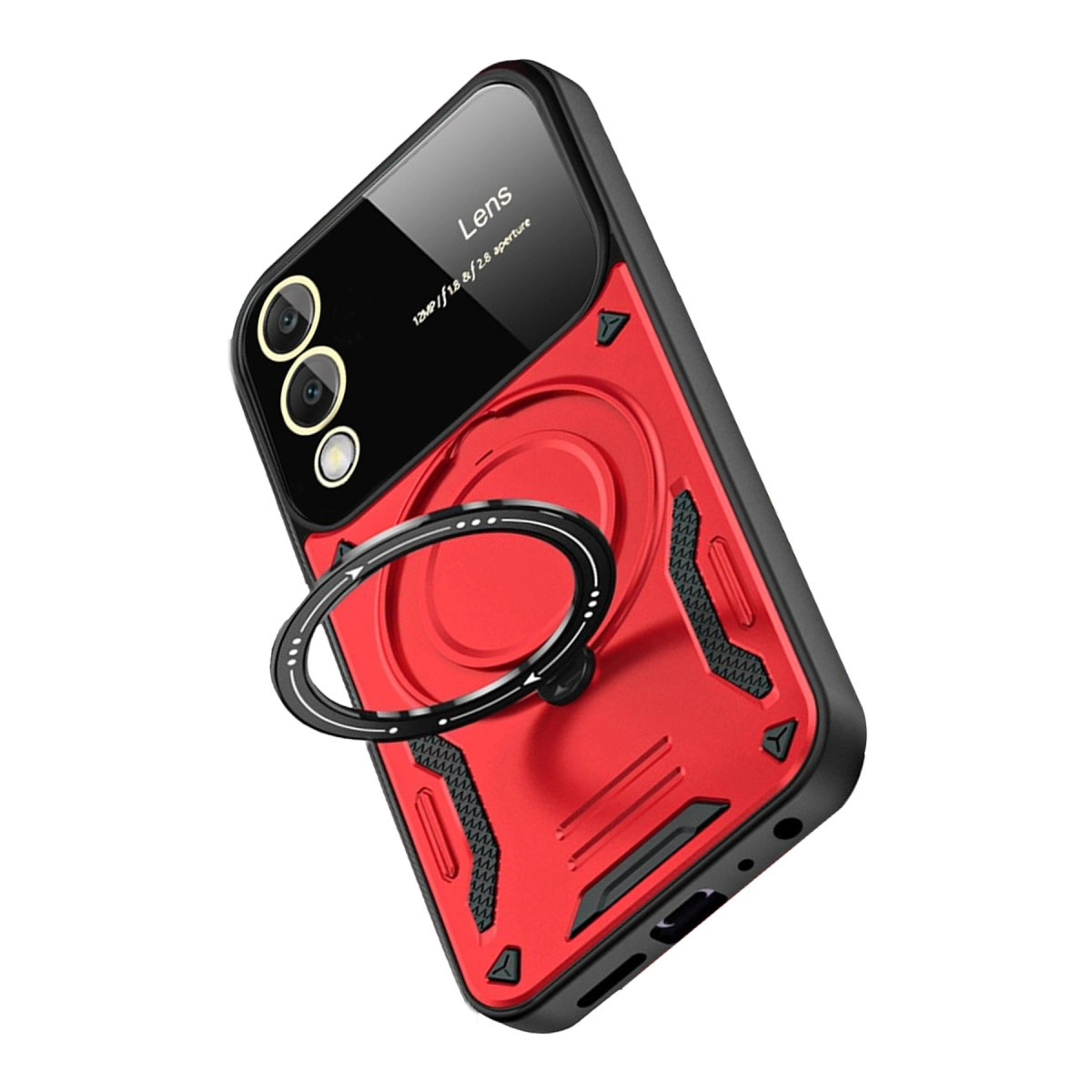 Halka tutuculu ve lens kapaklı kırmızı telefon kılıfı.