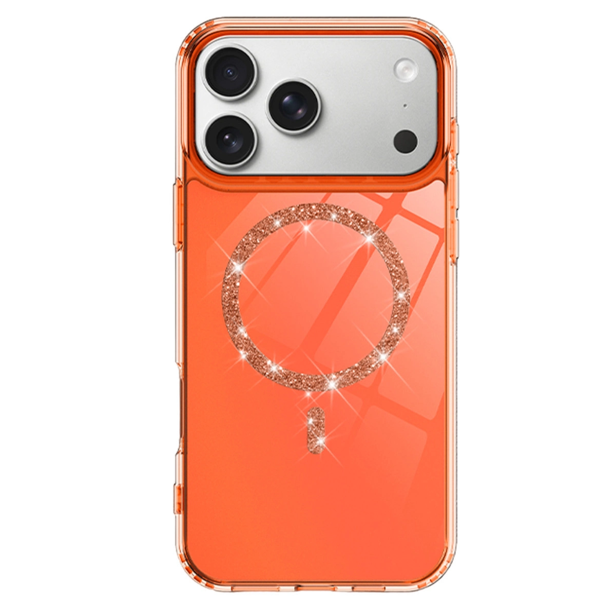 Simli halkalı ve kamera lensli turuncu telefon kılıfı.