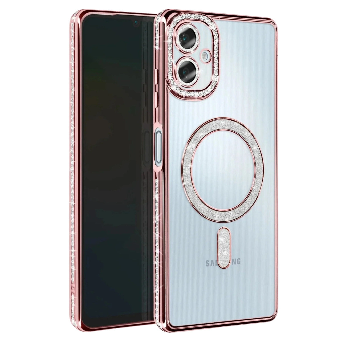 Gül altın kenarlı ve simli şeffaf telefon kılıfı.