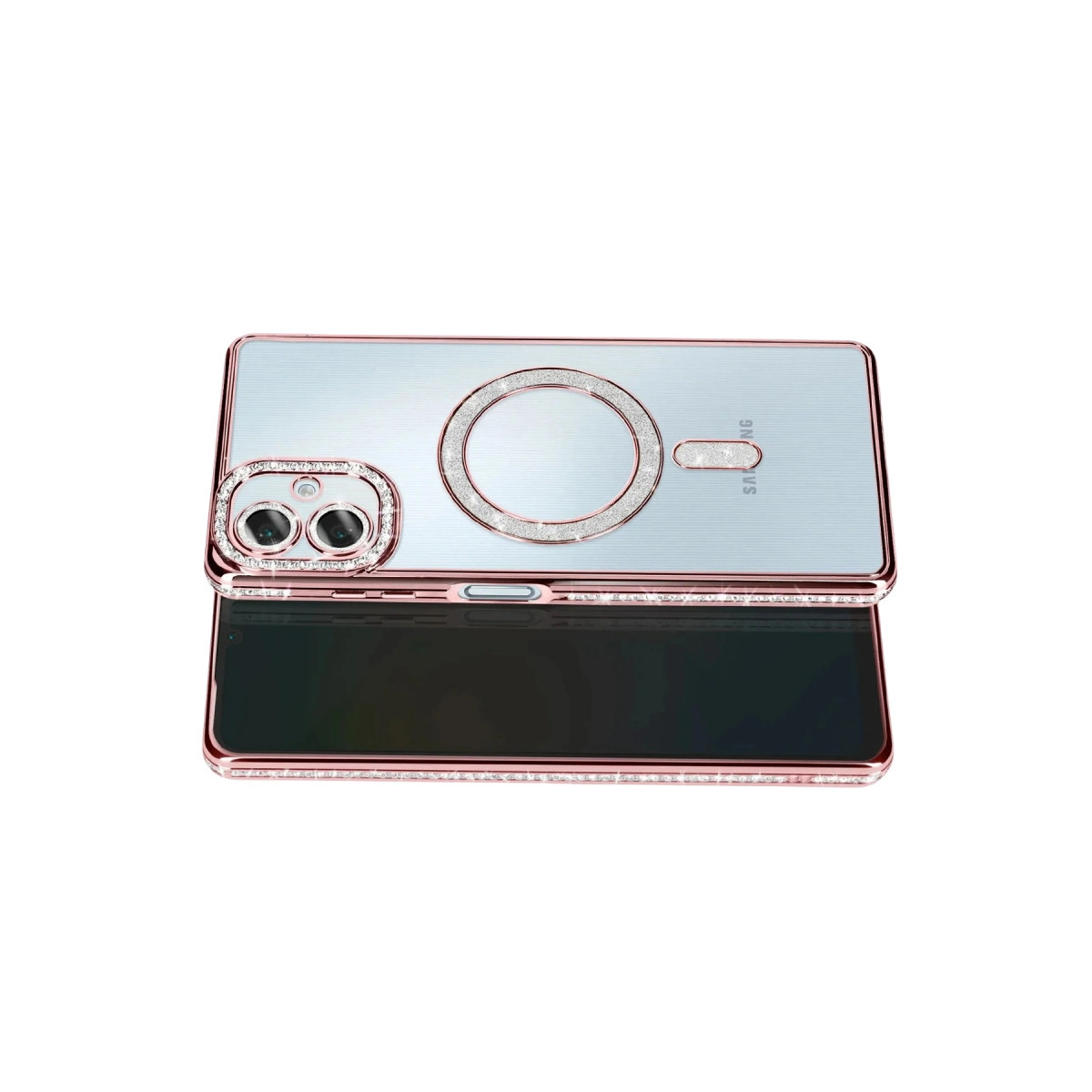 Kristal, MagSafe halka ve kamera korumalı, rose altın rengi telefon kılıfı.