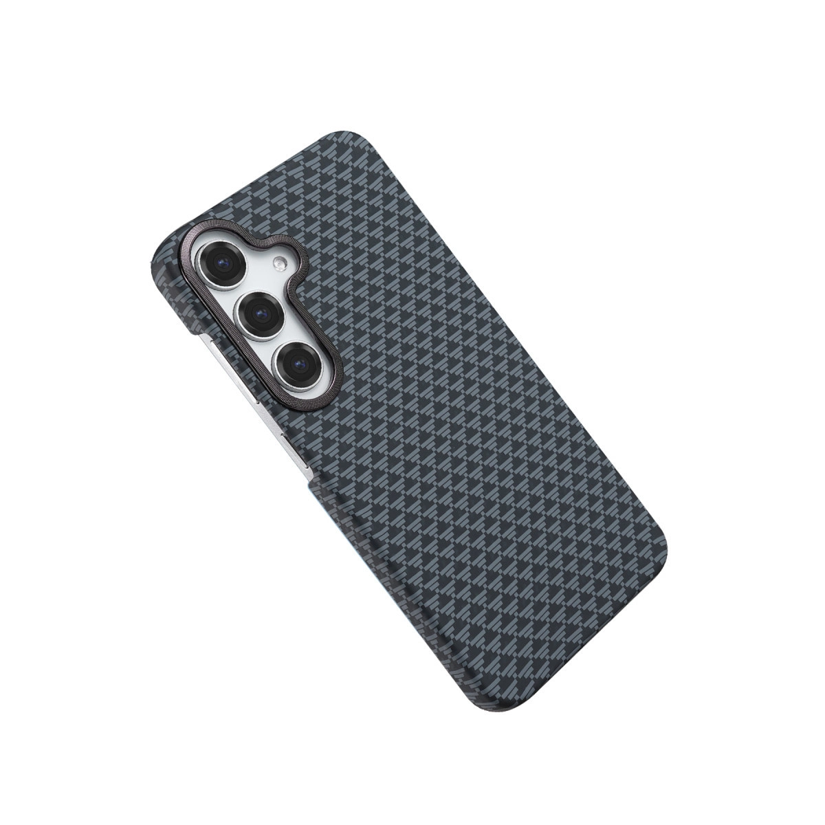 Desenli koyu gri telefon kılıfı, sol üstte kamera açıklığı.
