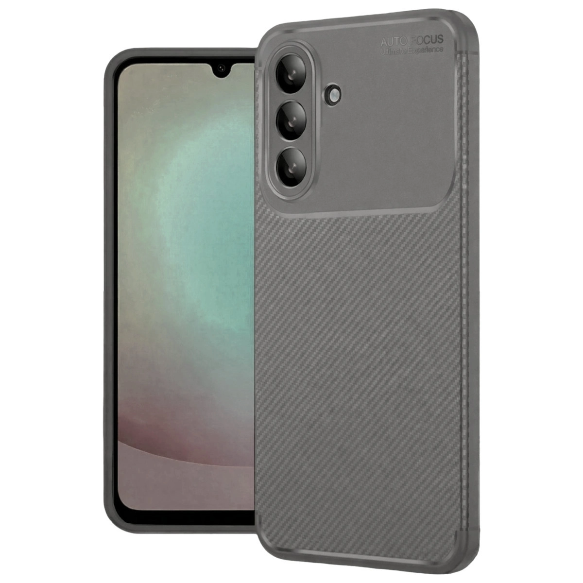 Karbon desenli, üç lensli gri telefon kılıfı.