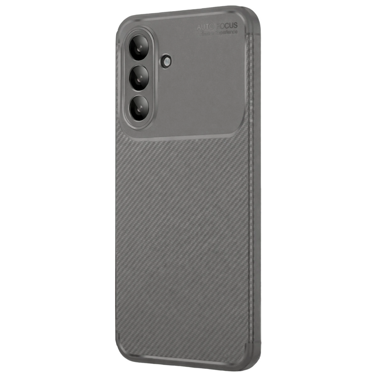 Karbon desenli ve üçlü kamera kesimli gri telefon kılıfı.