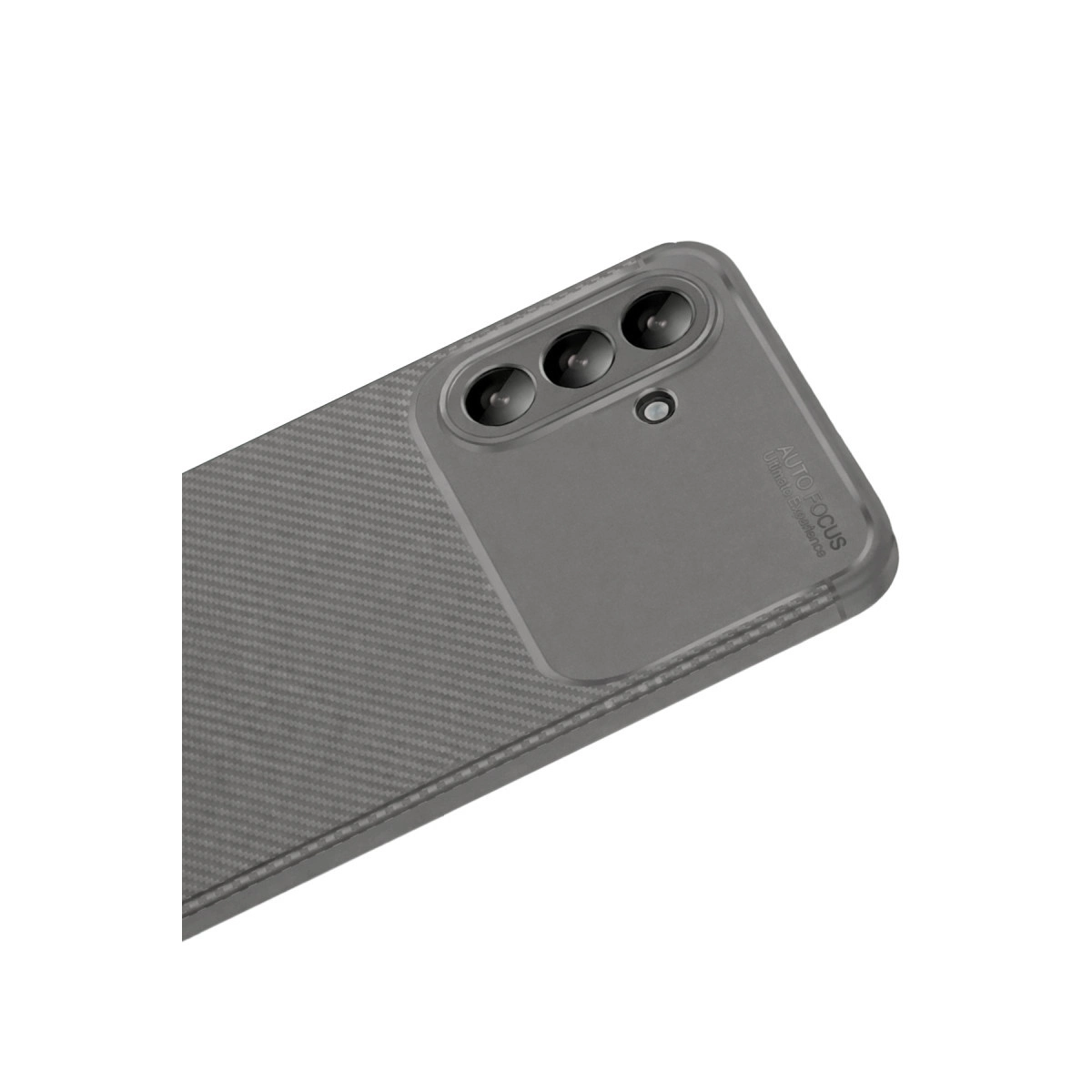 Karbon desenli, üç kameralı gri telefon kılıfı. Otomatik odaklama.