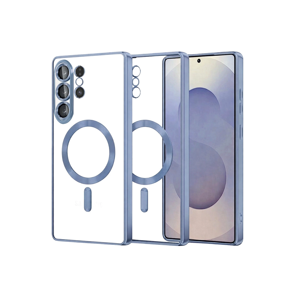 Mavi çerçeveli, kamera dizilimli ve manyetik halkalı şeffaf telefon kılıfı.
