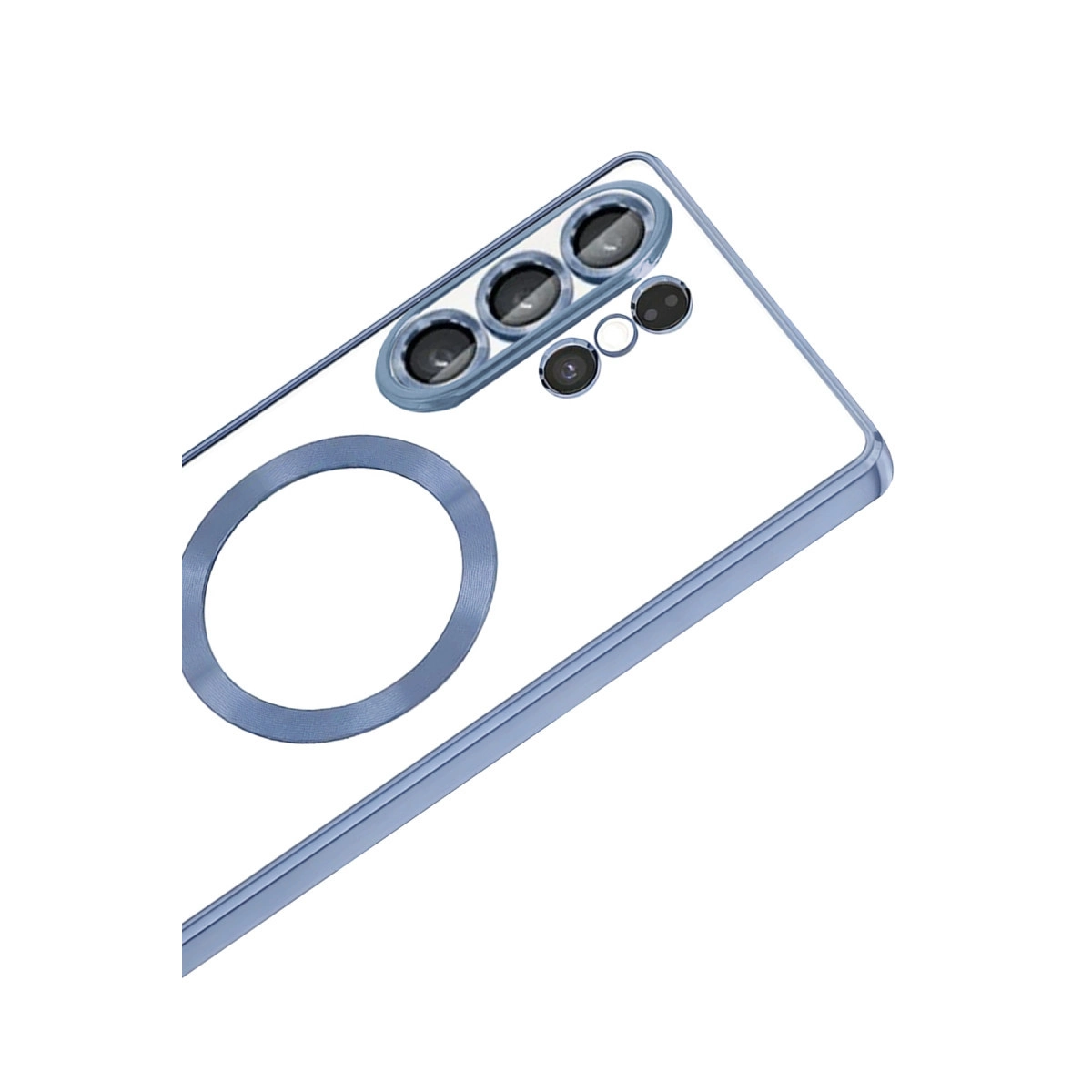 MagSafe halkalı ve üç kamera lensli şeffaf telefon kılıfı.