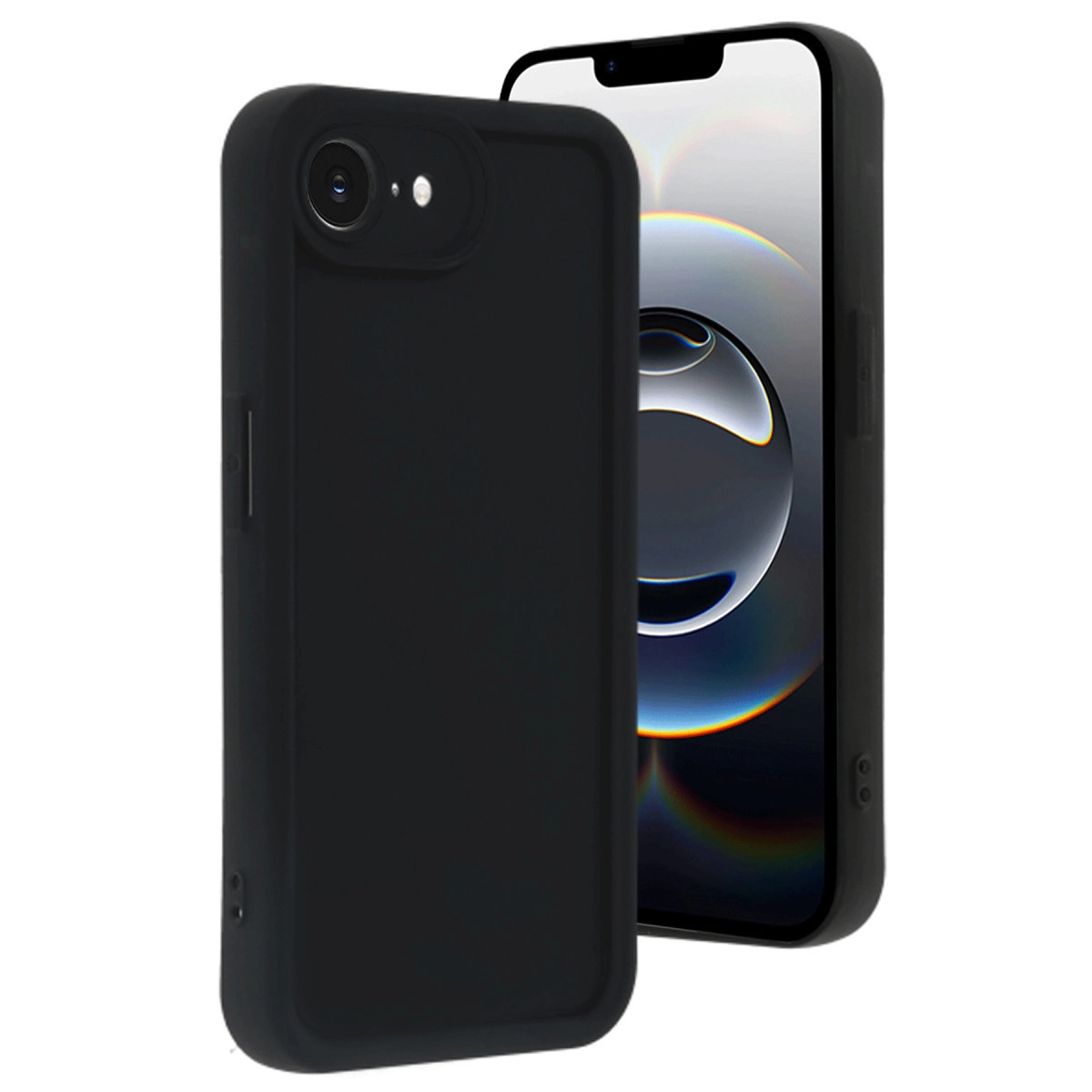 Kamera ve ekranı gösteren siyah kılıflı siyah iPhone.