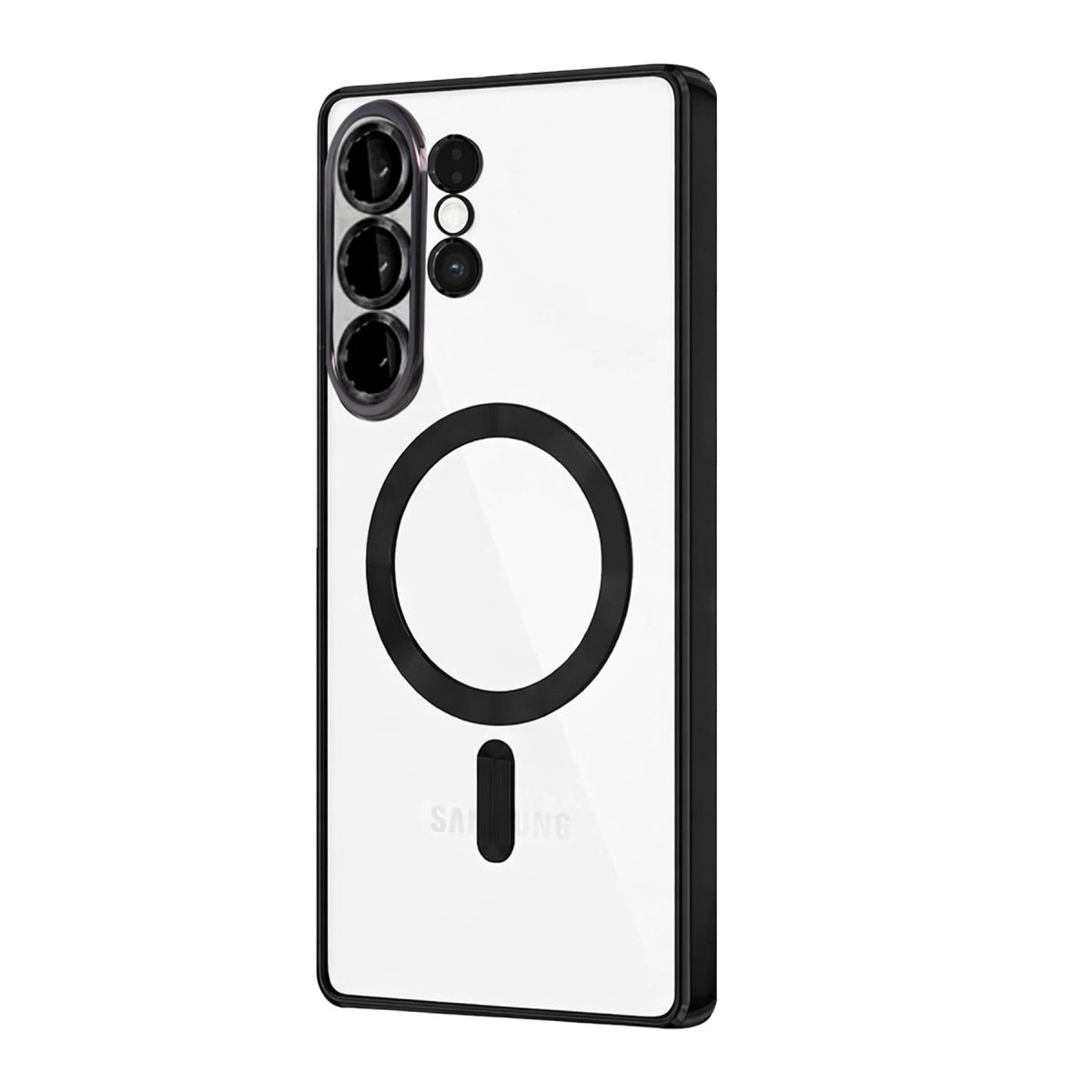 Siyah kenarlı ve kamera kesimli şeffaf telefon kılıfı.