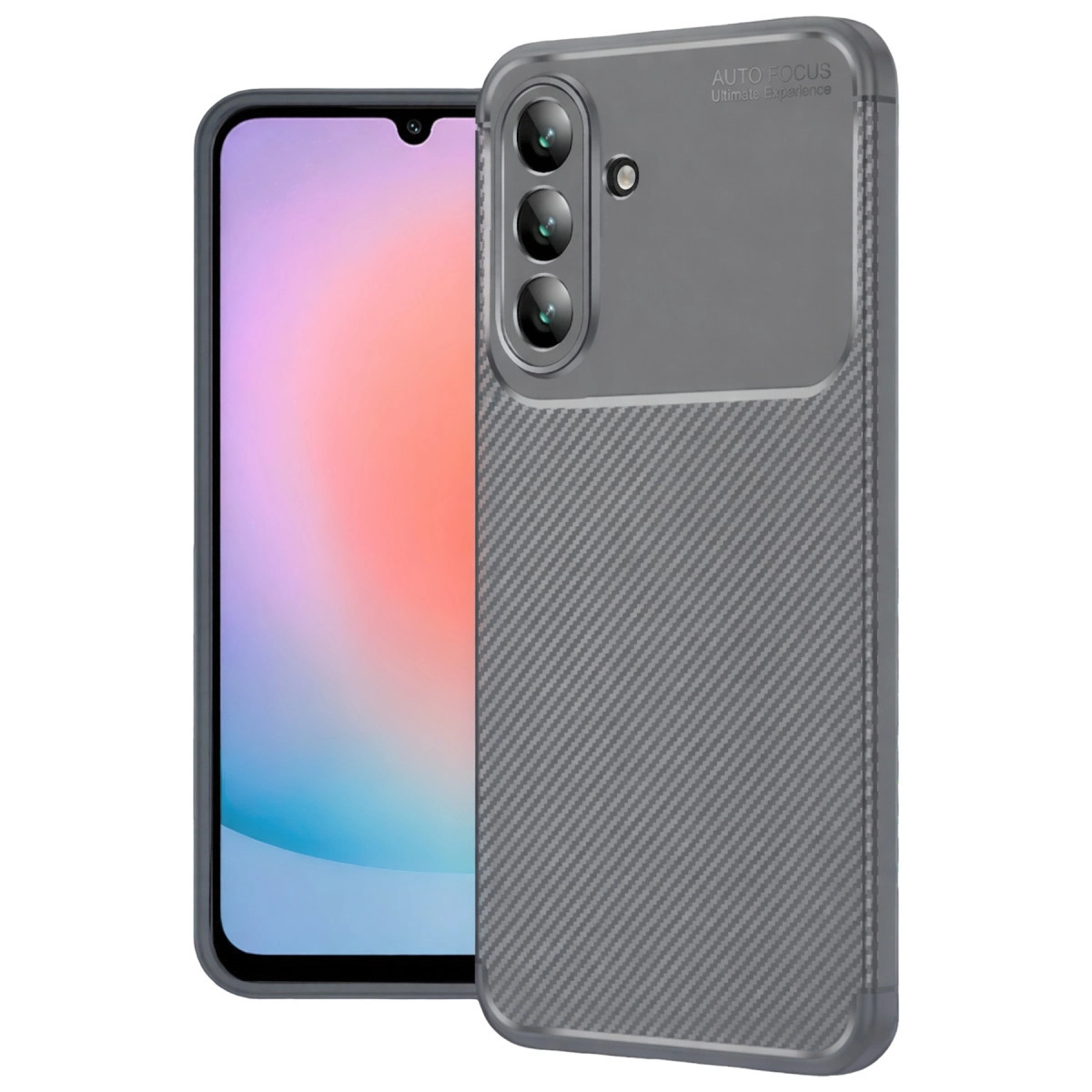 Karbon desenli kılıflı gri akıllı telefon ve üçlü kamera.