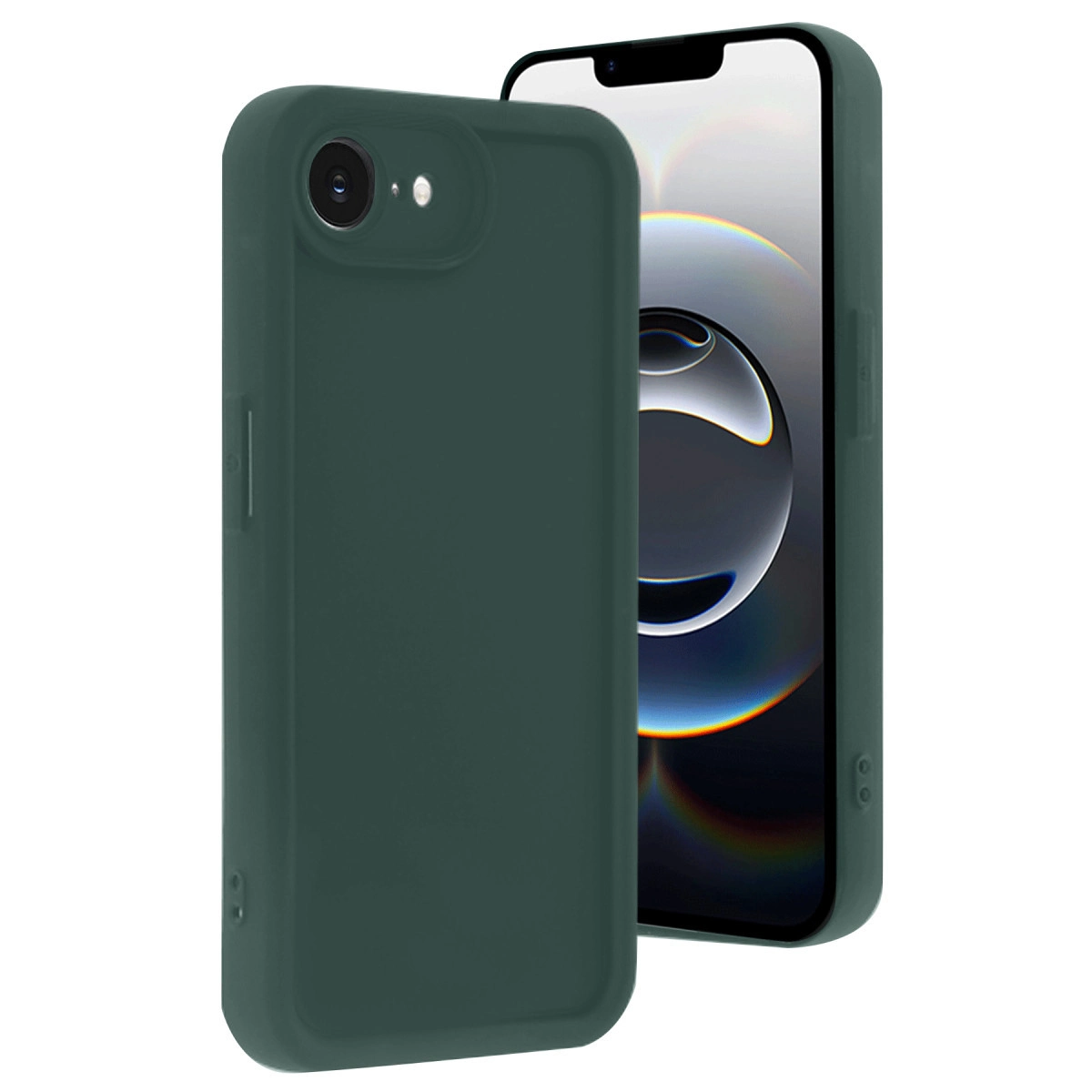 Kamera oyuntulu koyu yeşil telefon kılıfı, akıllı telefonun yanında.