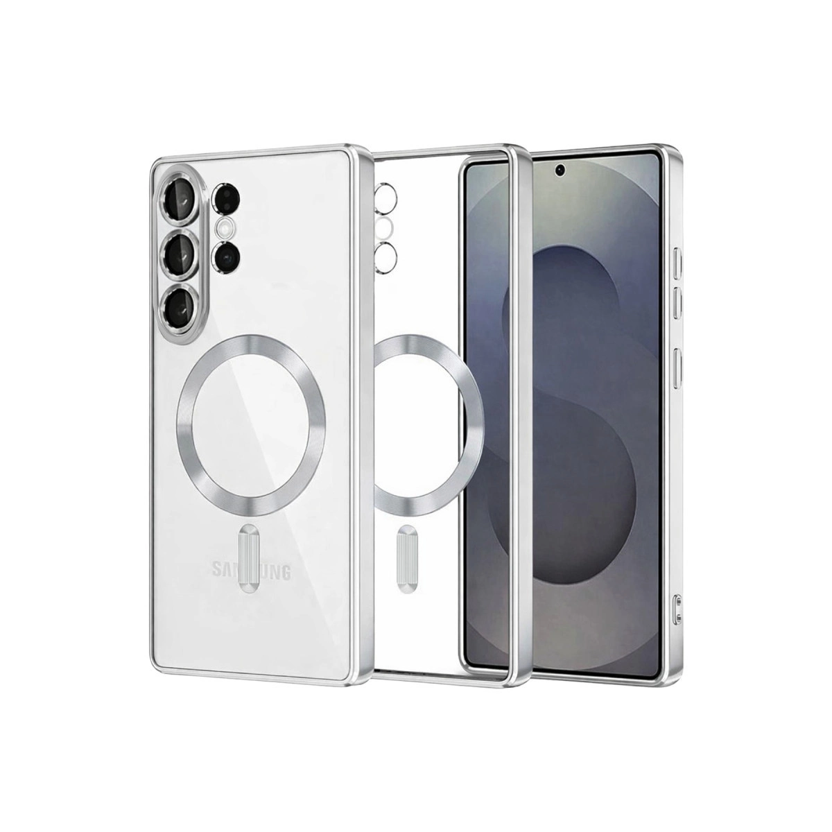 Gümüş halkalı ve kamera kesimli şeffaf telefon kılıfı.