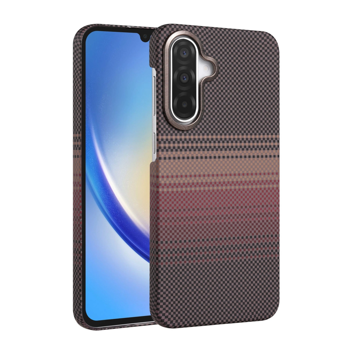 Üç kameralı, damalı kahverengi ve kırmızı kılıflı bir telefon.