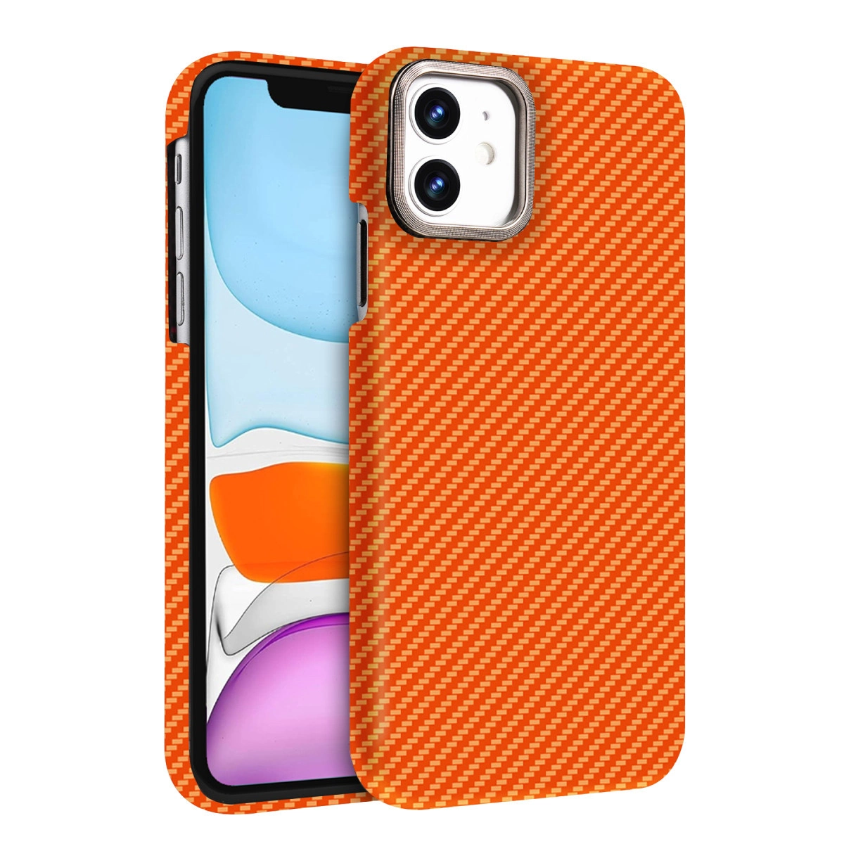 Karbon fiber desenli turuncu iPhone kılıfı ve çift kamera lens çerçevesi.