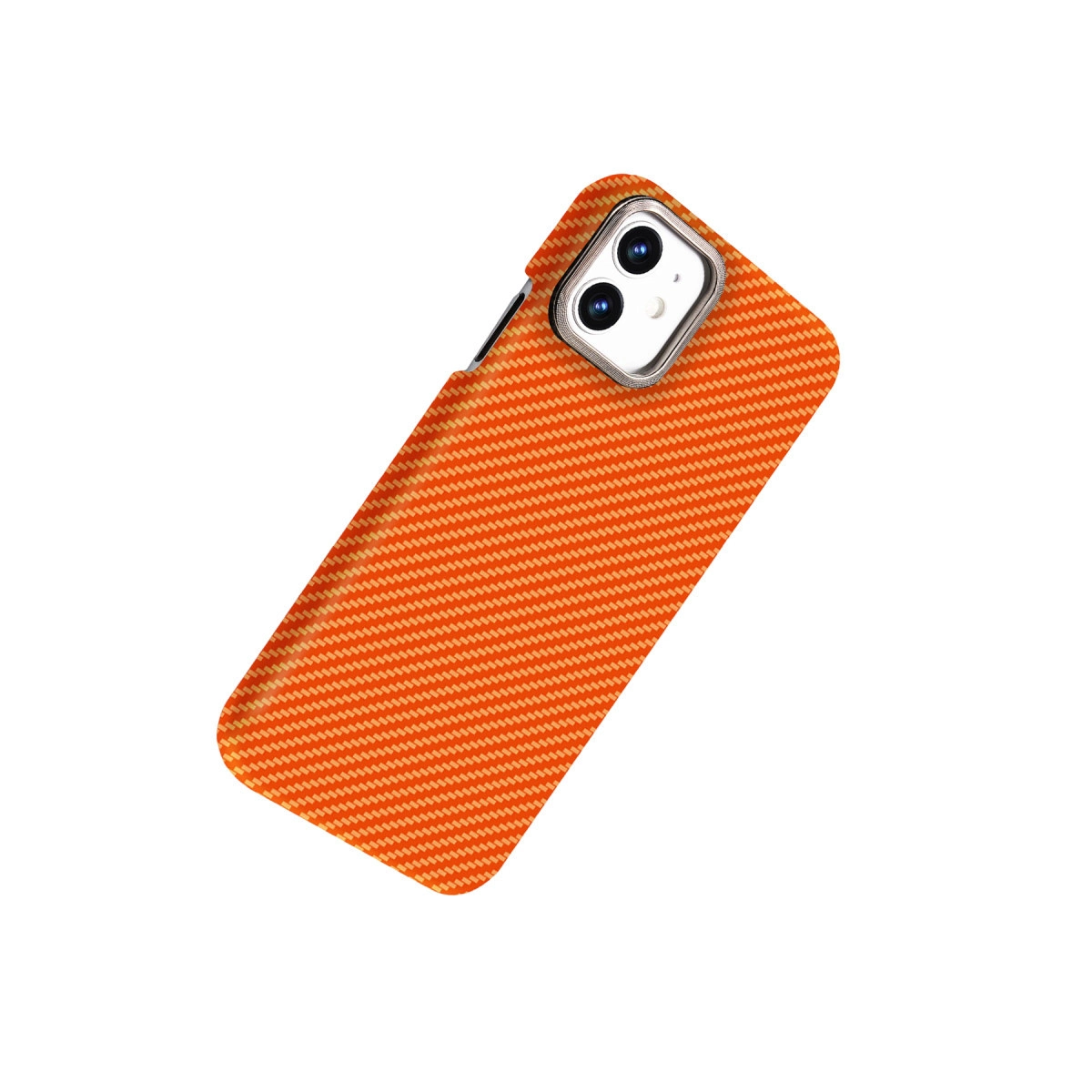 Karbon fiber desenli turuncu telefon kılıfı ve çift kamera kesimi.