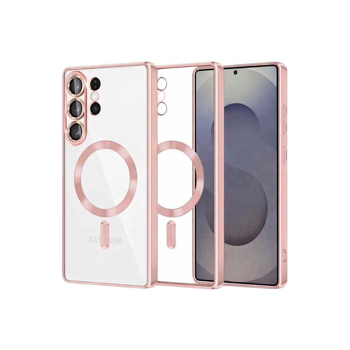 Pembe altın çerçeveli ve manyetik halkalı şeffaf telefon kılıfı.