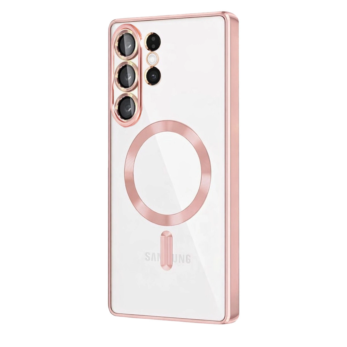 Rose altın çerçeveli ve kamera adacıklı şeffaf telefon kılıfı.