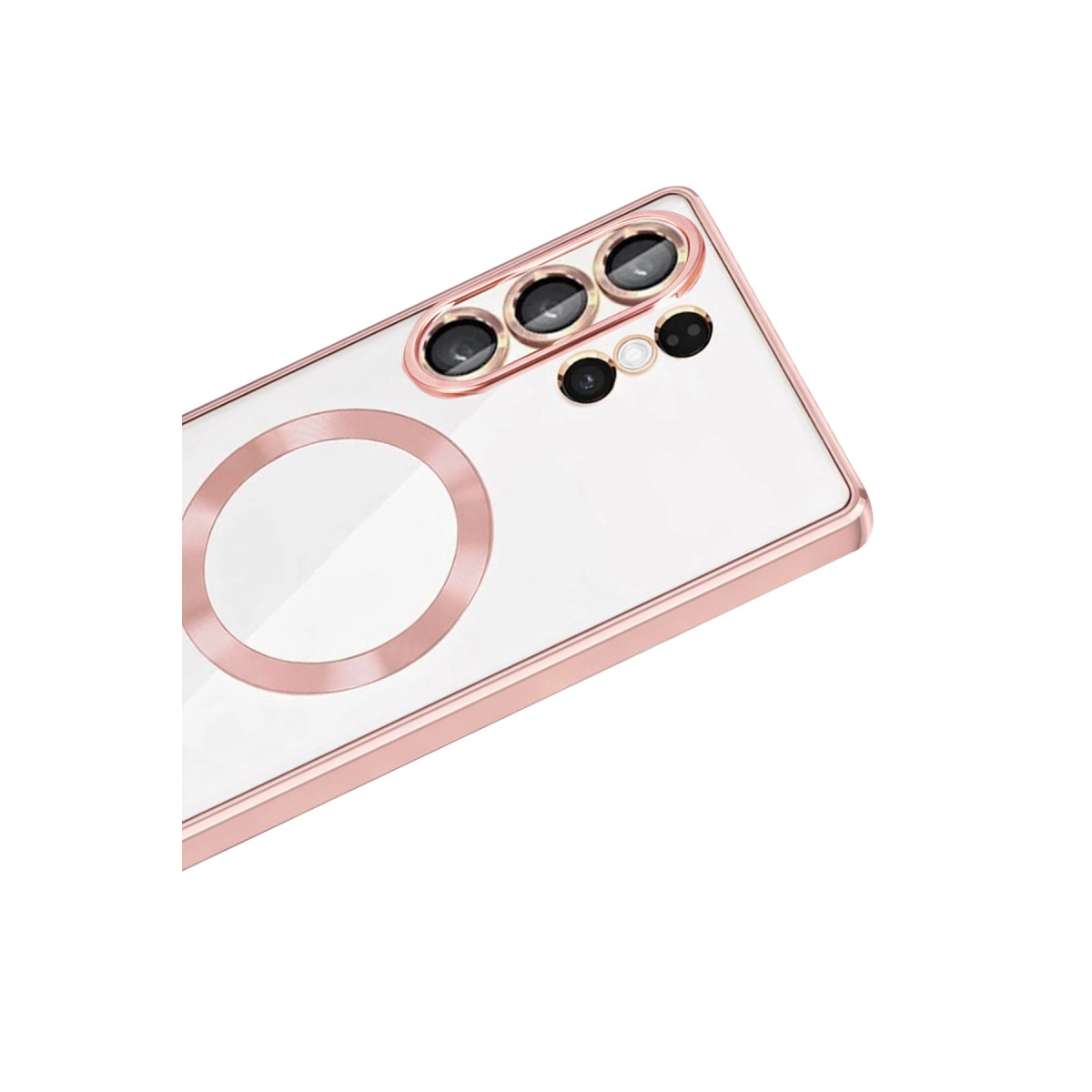 Üç kamerası ve manyetik halkası olan rose gold telefon kılıfı.