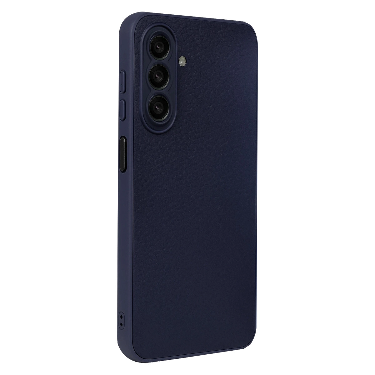 Üç kameralı, deri dokulu koyu mavi telefon.