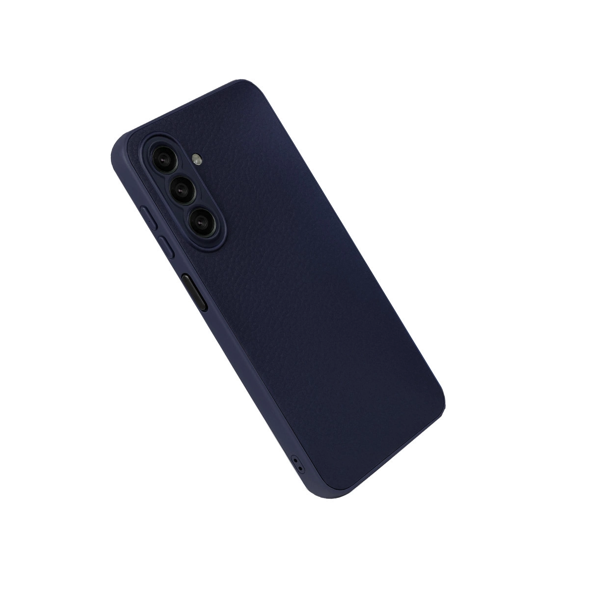 Arkada üç kamerası olan lacivert telefon kılıfı. Dokulu yüzey.