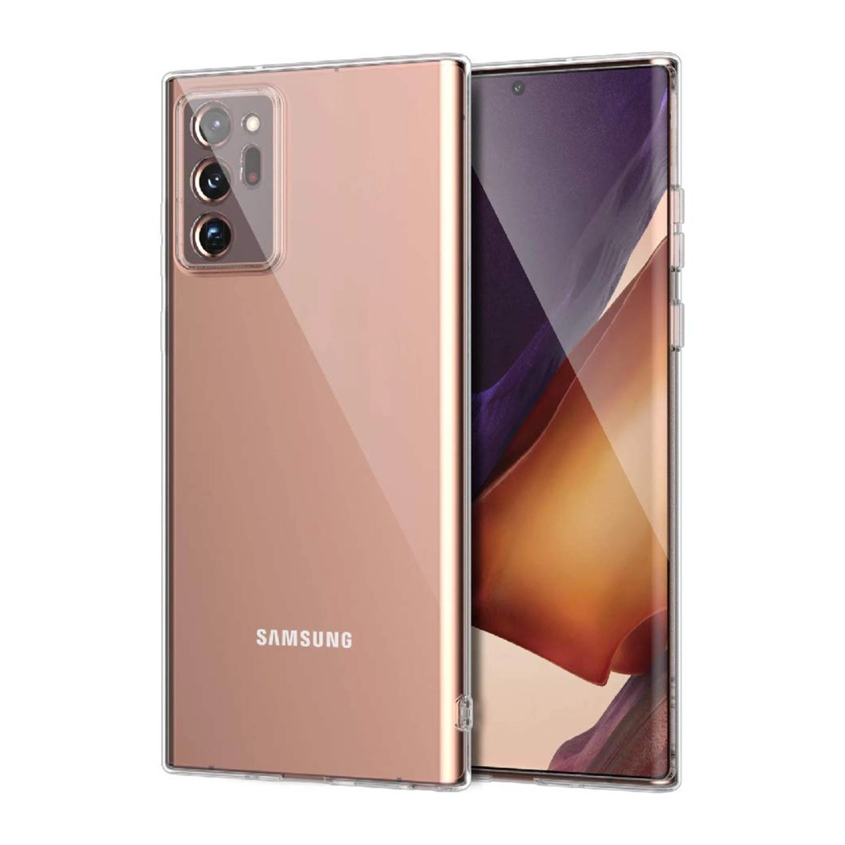 Şeffaf kılıflı, gül altın rengi Samsung telefon, beyaz arka plan üzerinde.