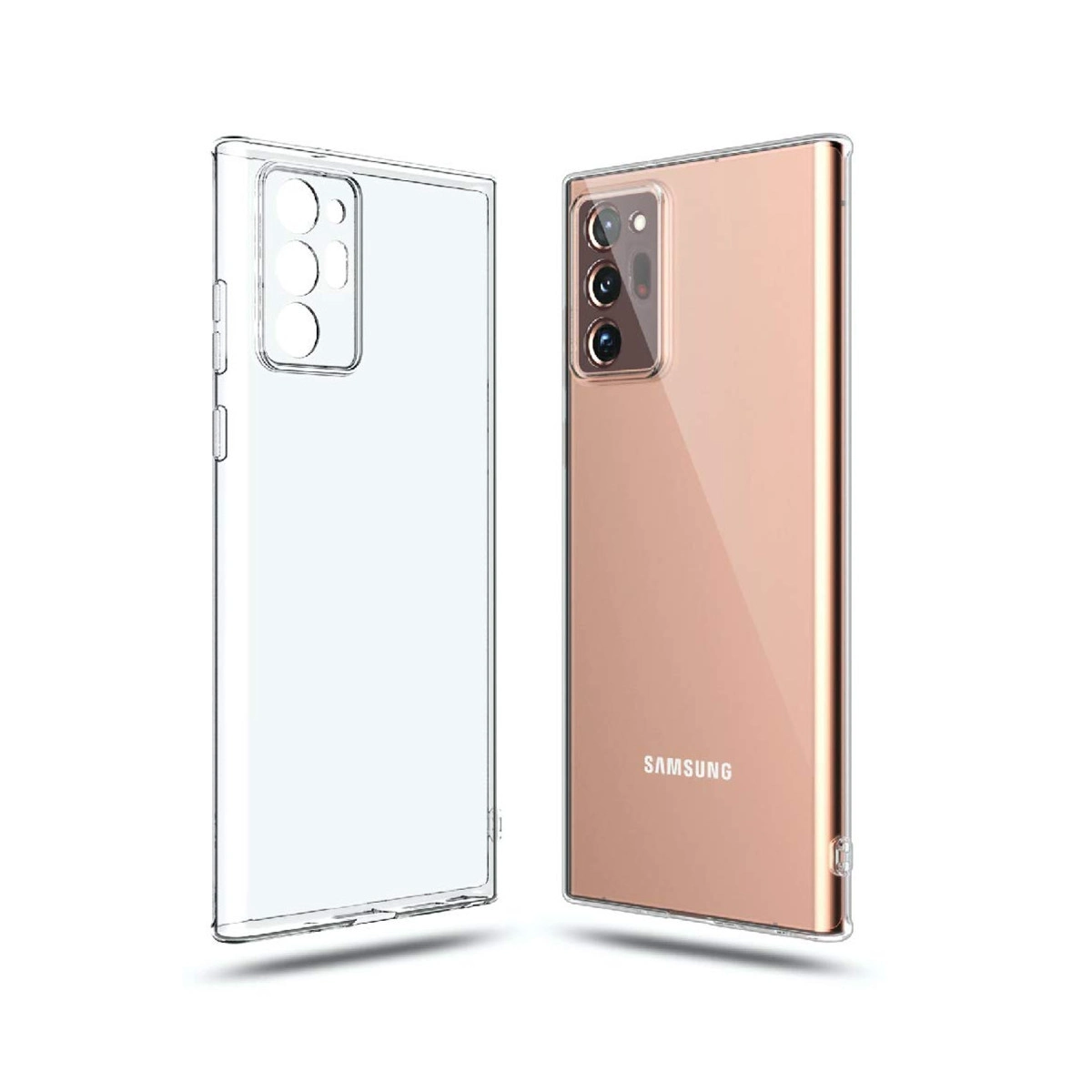 Şeffaf telefon kılıfı ve kamera modüllü, pembe altın renkli akıllı telefon.
