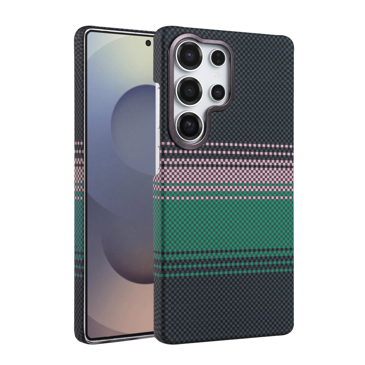 Kare desenli siyah telefon kılıfı, pembe ve yeşil çizgili, kamera dizilimi.